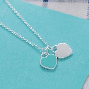 Sweet Heart Stainless Steel Pale Blue Enamel Double Pendant Necklace